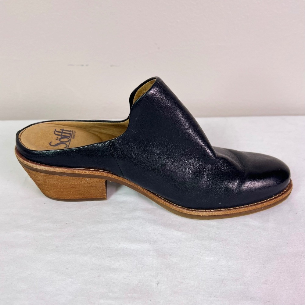 Sofft Ameera Leather Mules 7.5 Black Block Heel Slip On Coastal Cowgirl Festival